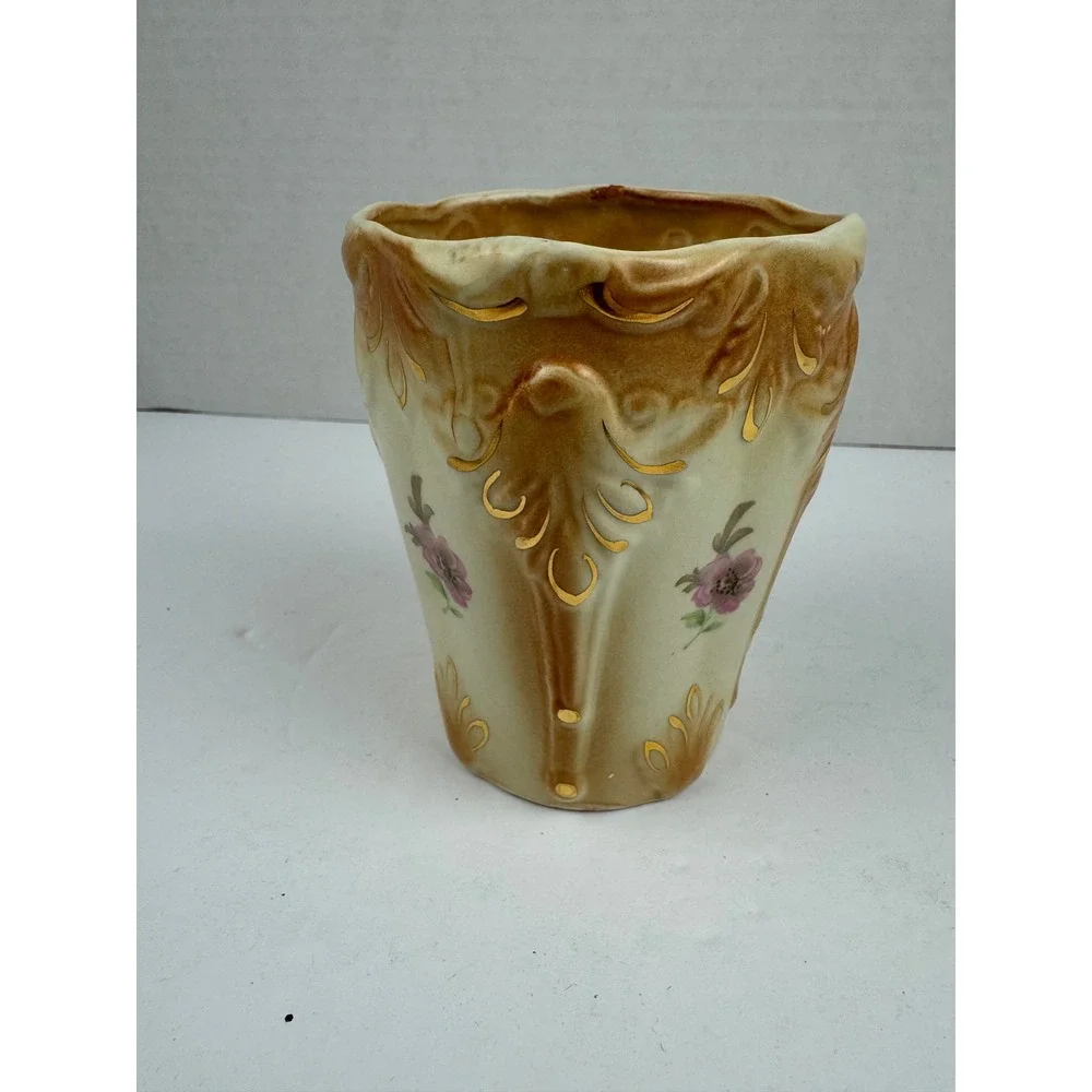 Vintage Floral Ceramic Vase Scalloped Gold Gilt Embossed Scrollwork Tan Cream